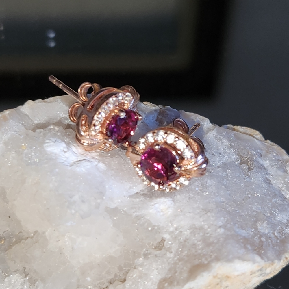 Women's Solid 925 Vermillion Rhodolite Garnet & Diamond Earrings.